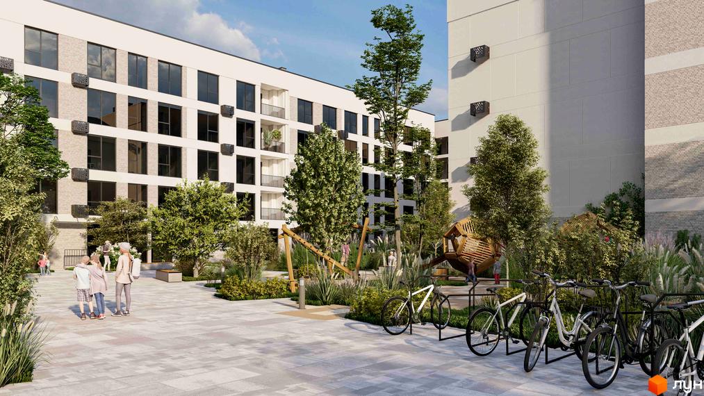 Зображення житлового комплексу San Marco. На фото: білі будинки з великими вікнами та прибудинкова територія з дитячим майданчиком, велосипедами та деревами.