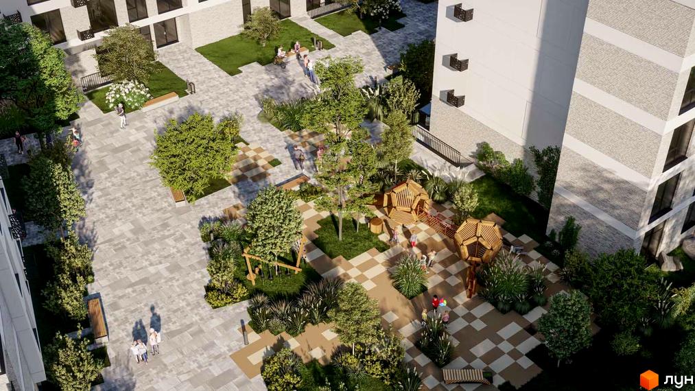 Вид на житловий комплекс San Marco. Архітектура будинку з великими вікнами та прибудинкова територія з дитячим майданчиком.