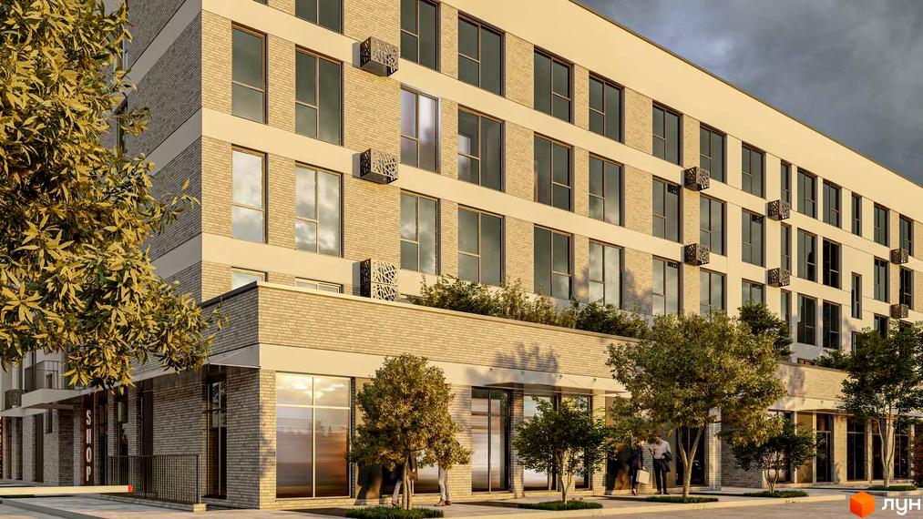 Зображення сторінки житлового комплексу San Marco. Багатоповерховий будинок з великими вікнами та фасадом з цегли, на першому поверсі розташовані магазини, перед будинком дерева.