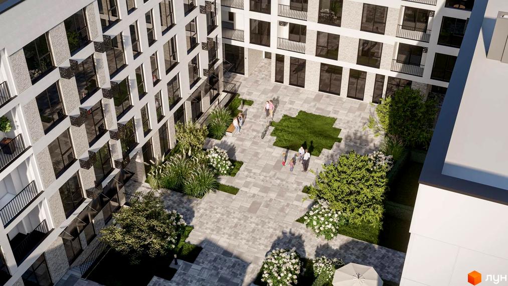 Високоповерховий будинок з білими фасадами та великими вікнами. На території ЖК San Marco зелені газони, дерева та місця для відпочинку.