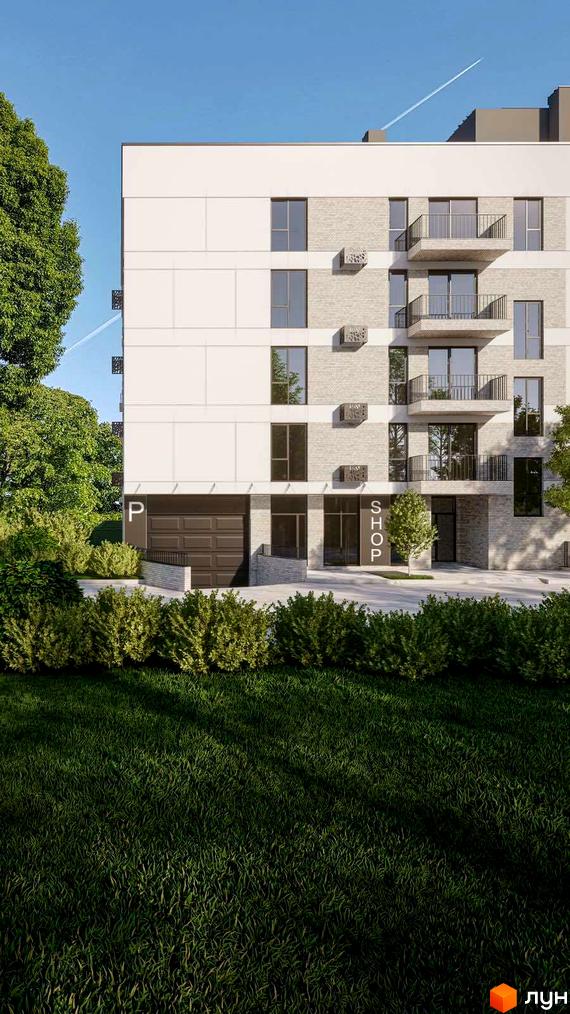 Зовнішній вигляд будинку Клубний будинок San Marco з фасадом у світлих тонах, на першому поверсі розташовані приміщення під магазин, а також територія з газоном та кущами.