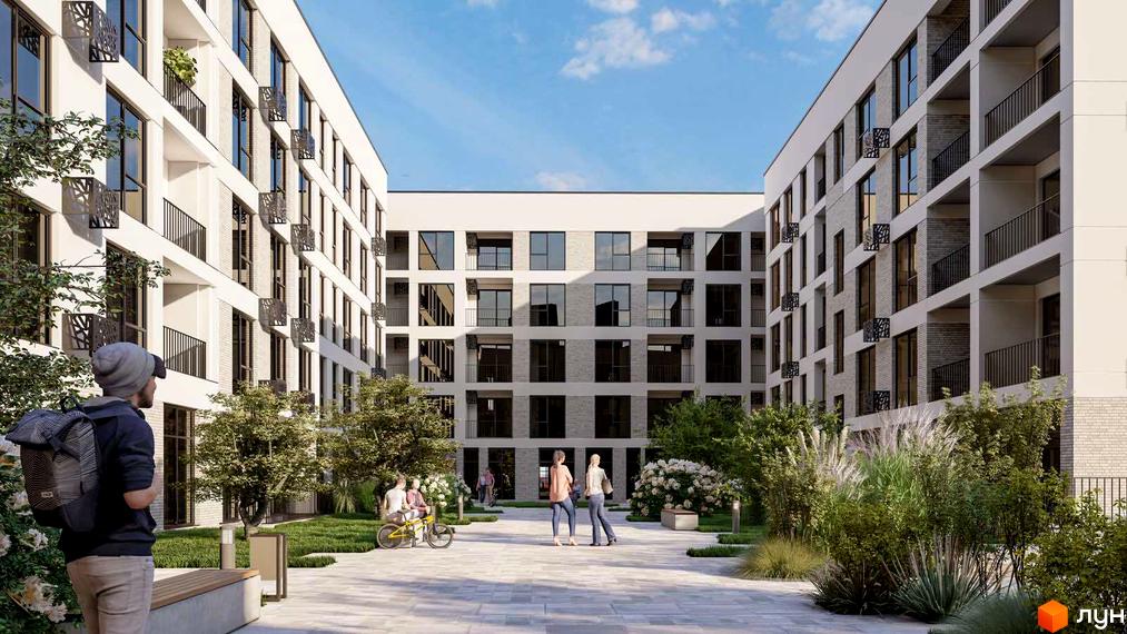 Зображення житлового комплексу San Marco. Білі будинки з великими вікнами та балконами, зелена прибудинкова територія з рослинами та місцями для відпочинку.