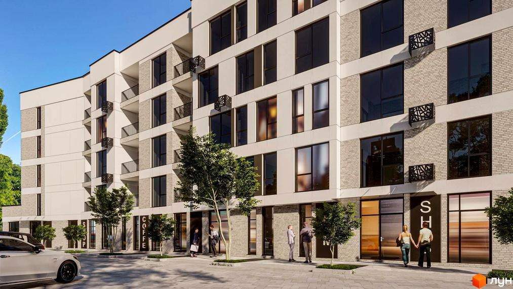 Зображення сторінки житлового комплексу San Marco. Багатоповерховий будинок з великими вікнами та комерційними приміщеннями на першому поверсі, поруч дерева та тротуар.