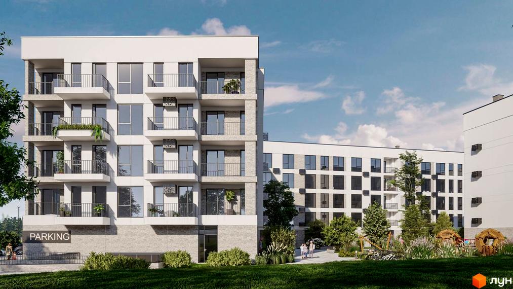 Зображення житлового комплексу San Marco з білими фасадами та балконами. На території є зелені насадження та дитячий майданчик.