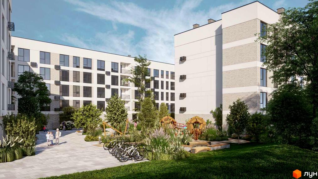 Зображення житлового комплексу з білими будівлями та доглянутою прибудинковою територією з дитячим майданчиком, велосипедами та деревами.