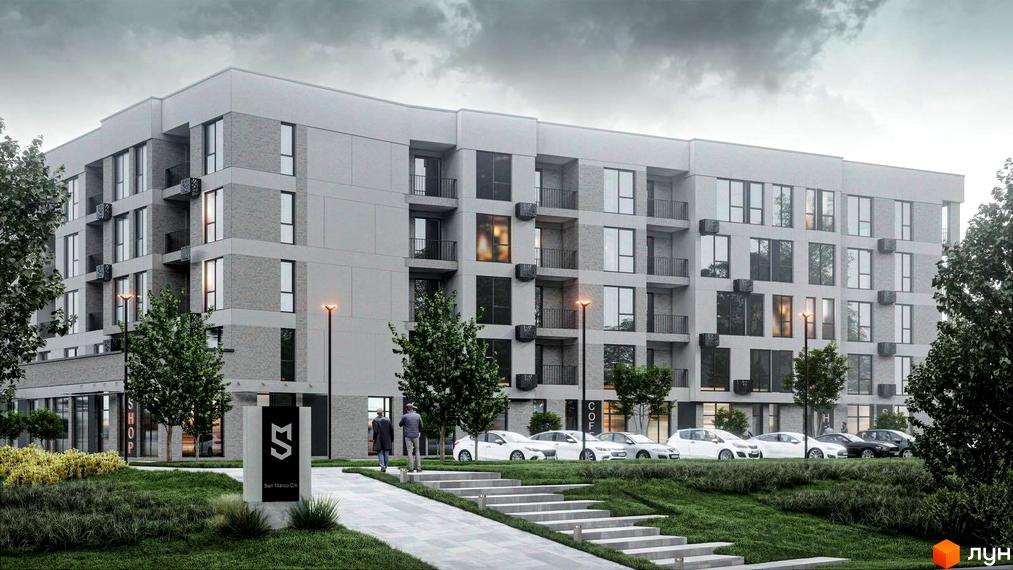 Зображення фасаду будівлі Клубний будинок San Marco з великими вікнами та балконами. Перед будинком розташована доглянута територія з газоном, деревами та парковкою.