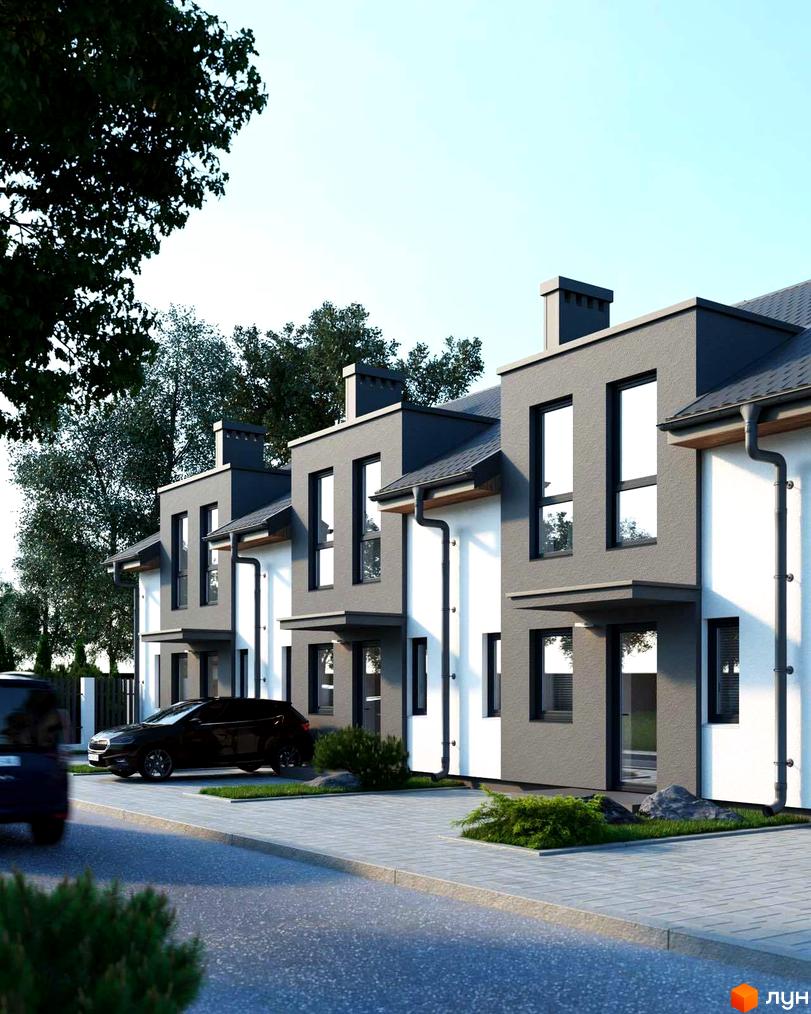 Таунхауси „Sttk #15“ з сірими фасадами та великими вікнами. На прибудинковій території газон, бруківка та парковка для авто.