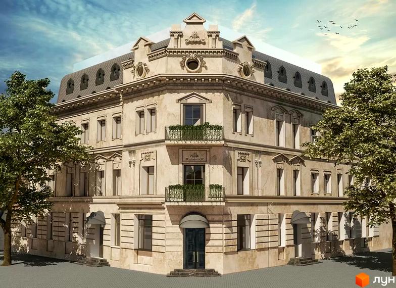 Фасад Апарт-готель Soho House, кутова будівля з класичною архітектурою, балконами та мансардним дахом. Навколо зелені дерева та бруківка.