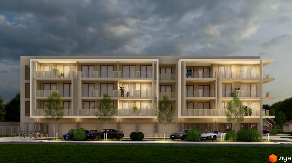 Зображення фасаду багатоповерхового будинку ЖК Зелений з балконами та парковкою. На території є зелені насадження та дерева.
