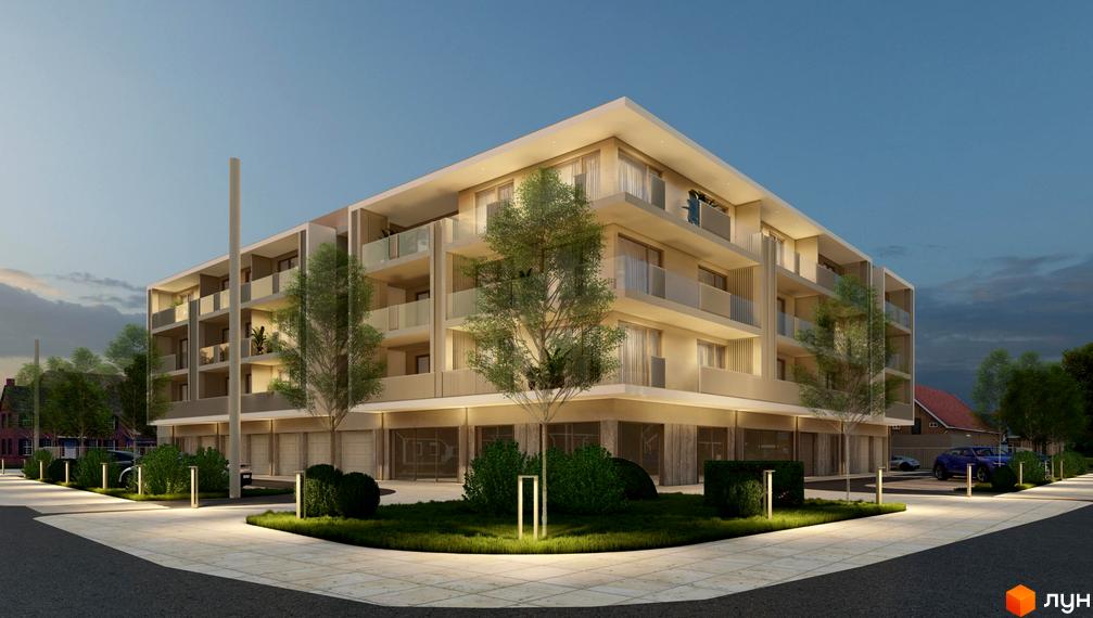 Зображення житлового комплексу з фасадом світлого кольору, скляними балконами та зеленими насадженнями біля будинку. Вид на вхідну групу та прибудинкову територію.
