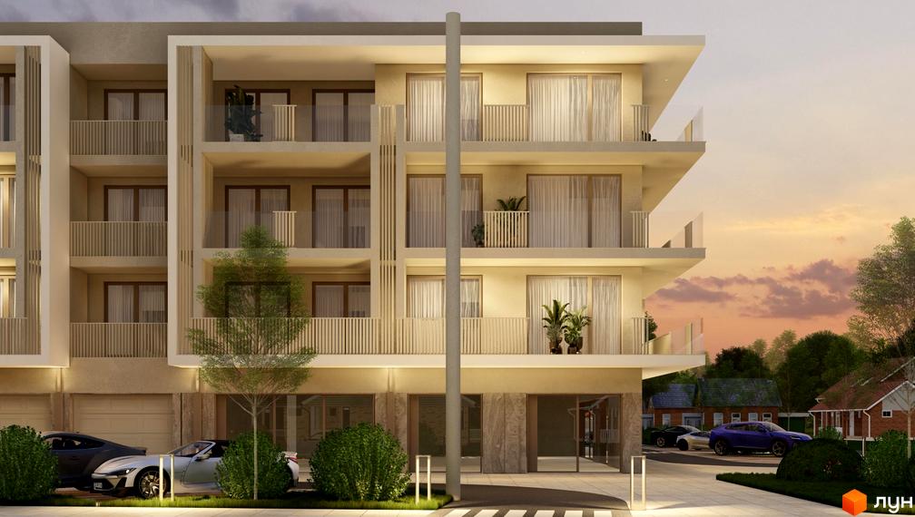 Зображення фасаду будівлі ЖК Зелений з балконами та панорамними вікнами. На прибудинковій території розташовані паркувальні місця та зелені насадження.