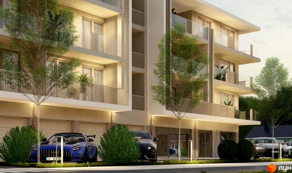 Житловий комплекс з балконами та панорамними вікнами. На території комплексу є зелені насадження та парковка для автомобілів.