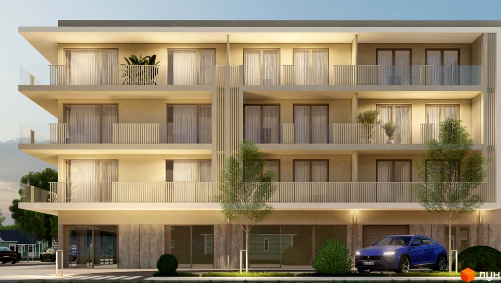 Зображення фасаду будинку житлового комплексу. На передньому плані зелені насадження та блакитний автомобіль.