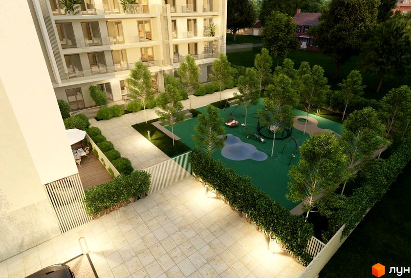 Житловий комплекс Зелений з дитячим майданчиком та зеленими насадженнями. Сучасна архітектура з просторими балконами та терасами.