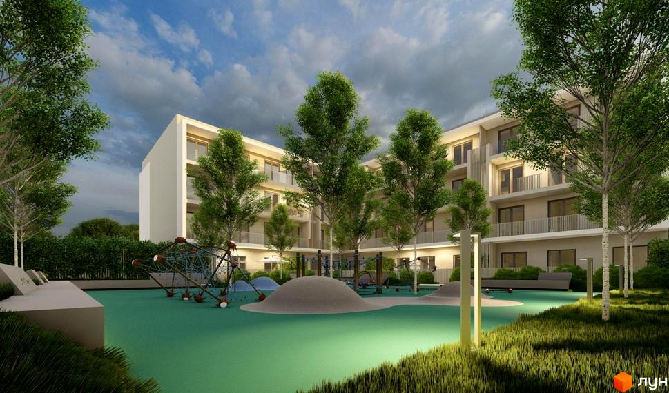 Житловий комплекс Зелений з дитячим майданчиком та зеленими насадженнями. Архітектура будинку з балконами та великими вікнами.