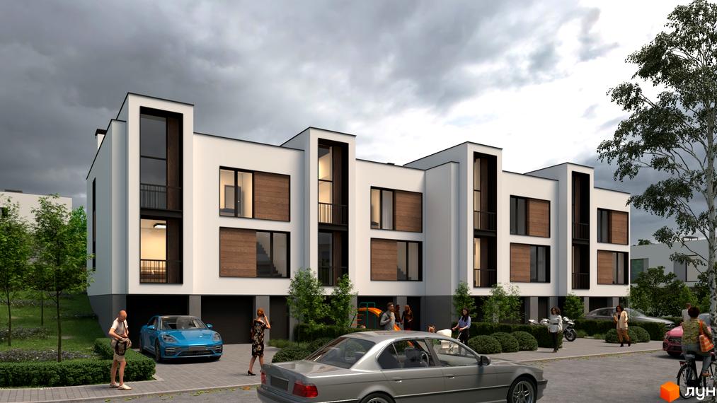 Зображення фасаду таунхаусів Motuz Hill. На передньому плані припарковані автомобілі, люди гуляють по території.