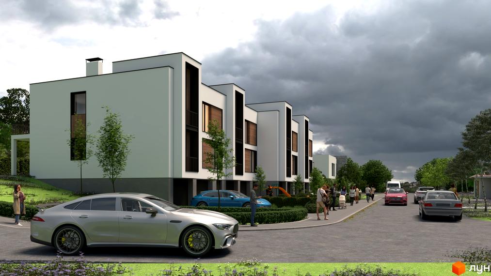 Зображення житлового комплексу Motuz Hill. Білі будинки з великими вікнами та терасами, доглянута прибудинкова територія з зеленими насадженнями та автомобілями.