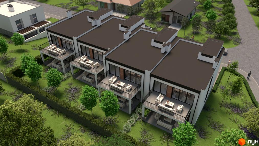 Триповерхові таунхауси Motuz Hill з балконами та терасами. На прибудинковій території газон, дерева та кущі.