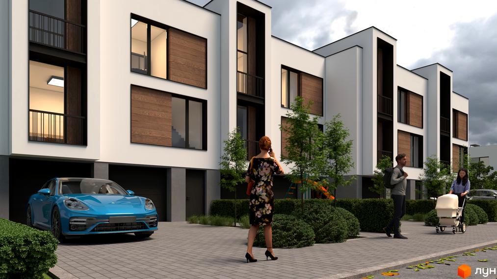 Білосніжні таунхауси Motuz Hill з панорамними вікнами та гаражами. На території комплексу тротуари, зелені насадження та місця для відпочинку.