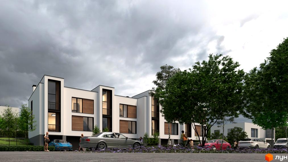 Зображення житлового комплексу Motuz Hill. Білі будинки з великими вікнами та дерев'яними панелями, перед будинками припарковані автомобілі та зелені насадження.