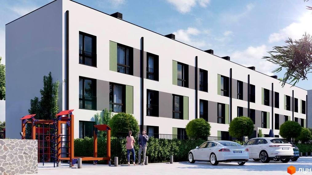 Зображення житлового комплексу з білими фасадами та чорними вікнами. На території комплексу є парковка з автомобілями та дитячий майданчик.