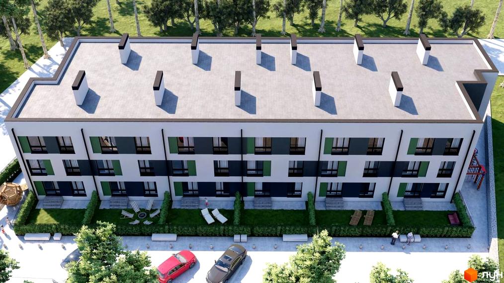 Вигляд житлового будинку Club House „LAGOM +“ з кількома поверхами, білими стінами та темними вікнами. На прибудинковій території є зелені насадження, місця для відпочинку та парковка.