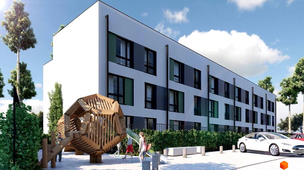 Зовнішній вигляд будинку житлового комплексу з великими вікнами, поруч дитячий майданчик та парковка з електрокаром.