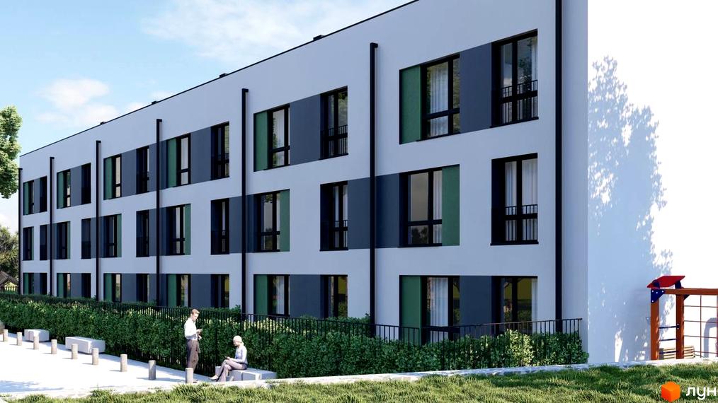 Зовнішній вигляд будинку житлового комплексу „ЛАГОМ +“ з білими стінами та темними вікнами. На прибудинковій території зелені насадження та лави для відпочинку.