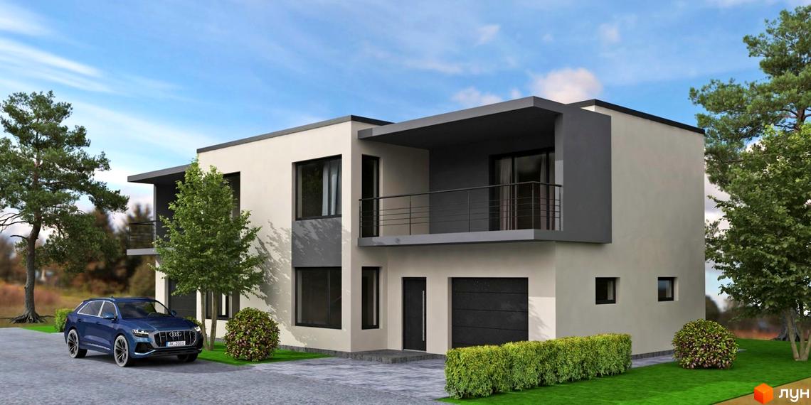 Зображення будинку ЖК на вулиці Шухевича, 2а. Двоповерховий будинок з балконом та гаражем, перед будинком газон та автомобіль.