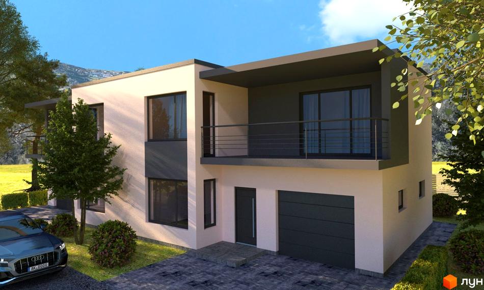 Двоповерховий будинок з гаражем та балконом. Перед будинком бруківка, ростуть кущі та дерева, поруч припаркований автомобіль.