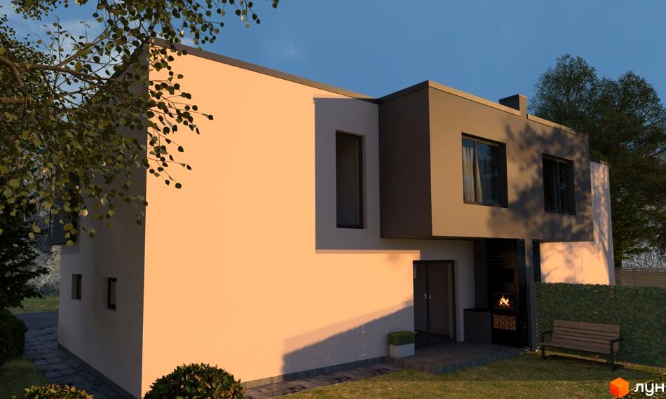 Зображення будинку житлового комплексу з двома поверхами, з темними вікнами та вхідними дверима. На прибудинковій території є лавка, мангал та зелені насадження.