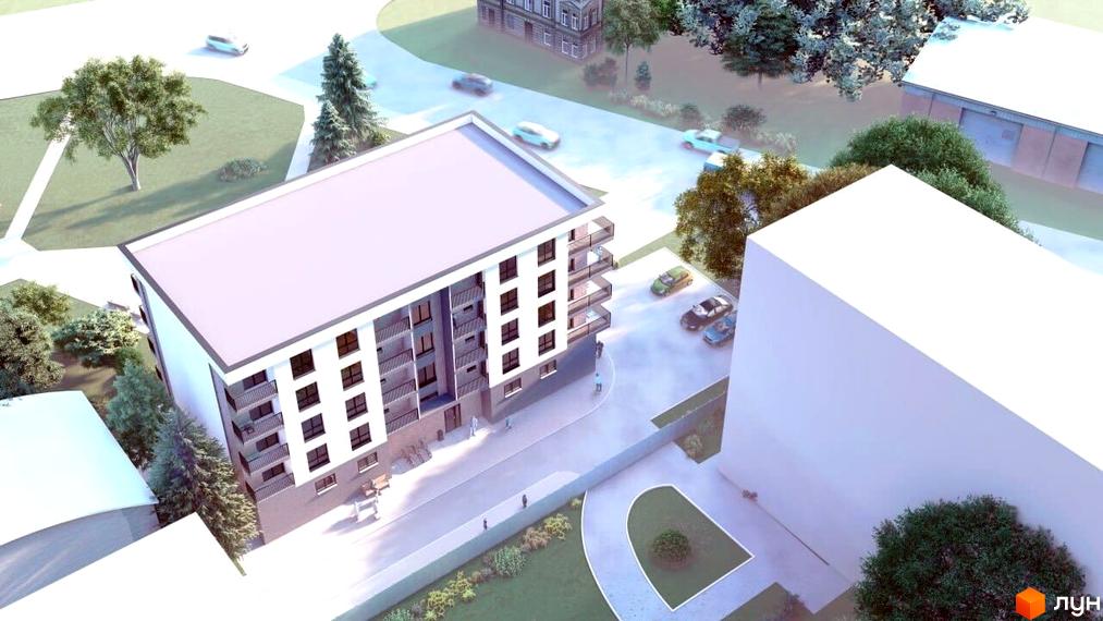 Зображення Житлового комплексу ГеліосУЖ: багатоповерховий будинок з балконами та прибудинковою територією з парковкою та зеленими насадженнями.