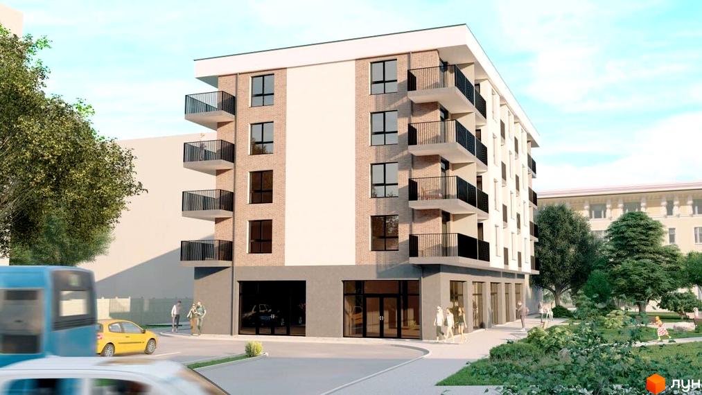 Житловий комплекс Геліос. Зовнішній вигляд новобудови з балконами та вікнами, зелена прибудинкова територія з деревами та пішохідними доріжками.