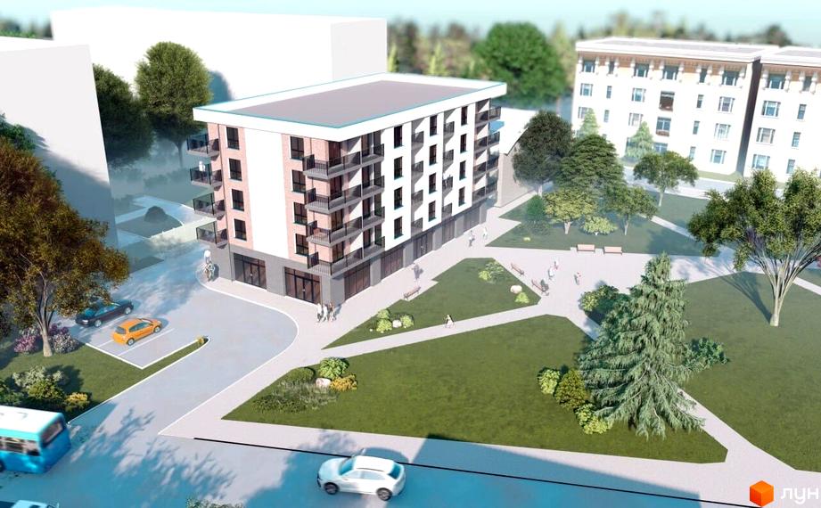 Зображення Житлового комплексу ГеліосУЖ. Багатоповерховий будинок з балконами та великою зеленою зоною навколо.