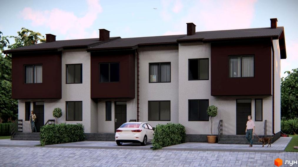 Триповерховий будинок з темними акцентами на фасаді. Перед будинком бруківка, зелені насадження та припаркований автомобіль.