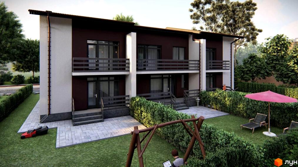 Двоповерховий будинок з балконами та темним фасадом, перед будинком газон з лавкою та парасолькою. ЖК на вул. Грушевського.