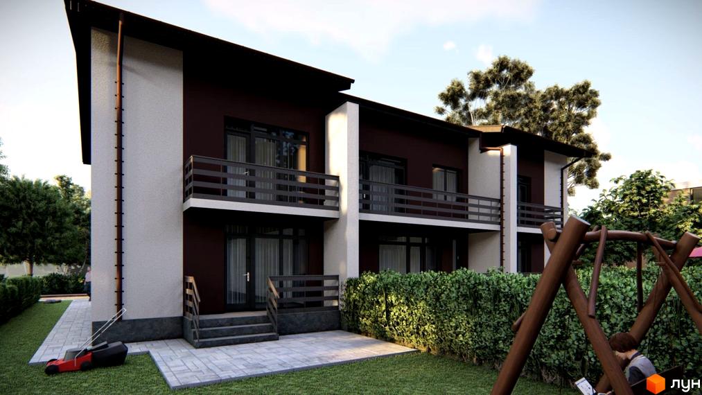 Двоповерховий будинок з балконами та терасою. На території газон, дитячий майданчик та доглянута зелень.