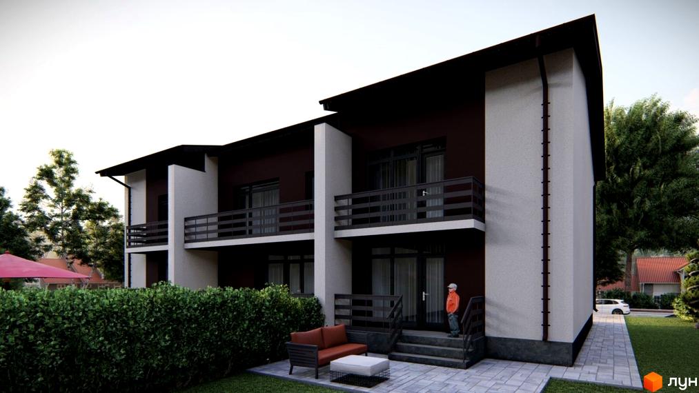 Двоповерховий будинок з балконами та терасою. На прибудинковій території газон, кущі та зона відпочинку з диваном та столиком.