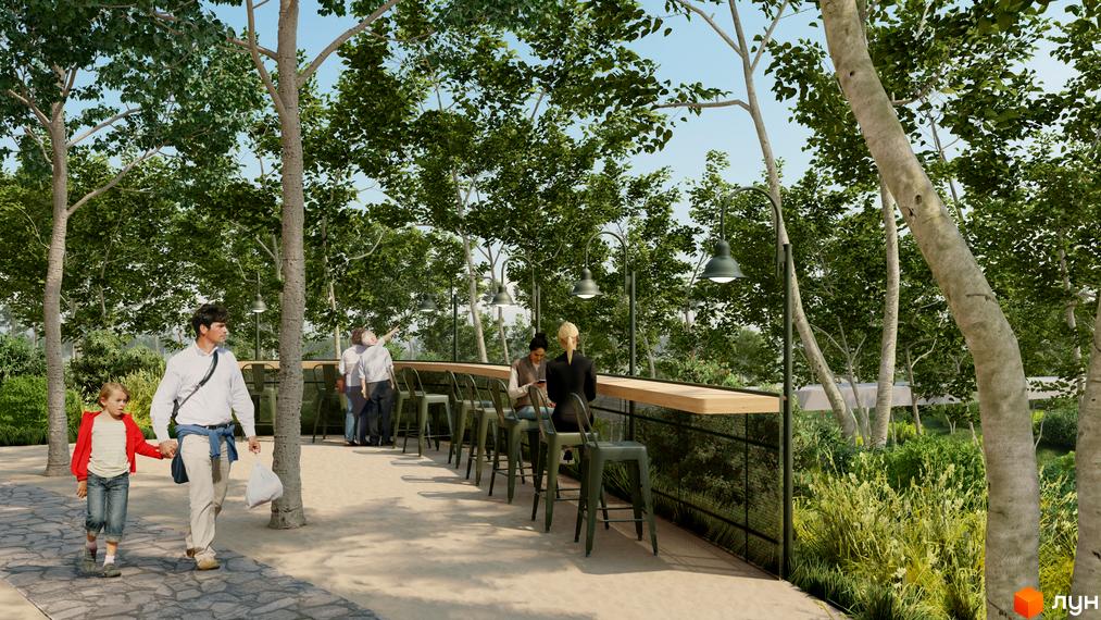 Зовнішній вигляд житлового комплексу ПІД ЗОРЯМИ з терасою та зонами відпочинку серед дерев. Прибудинкова територія з пішохідними доріжками та зеленню.