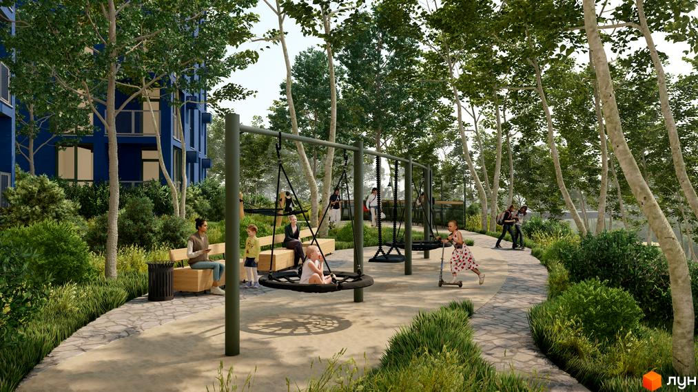 Житловий комплекс ПІД ЗОРЯМИ: дитячий майданчик з гойдалками та зона відпочинку біля синьої новобудови. Навколо зелені насадження та дерева.