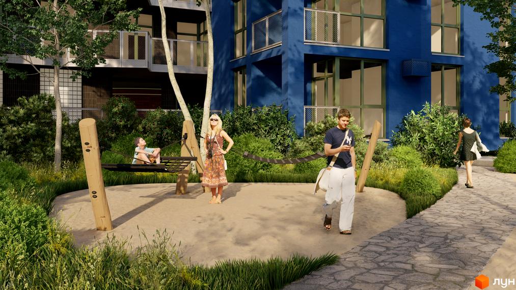 Житловий комплекс ПІД ЗОРЯМИ з синім фасадом та зеленою прибудинковою територією, де розташовані дитячий майданчик та зона відпочинку.