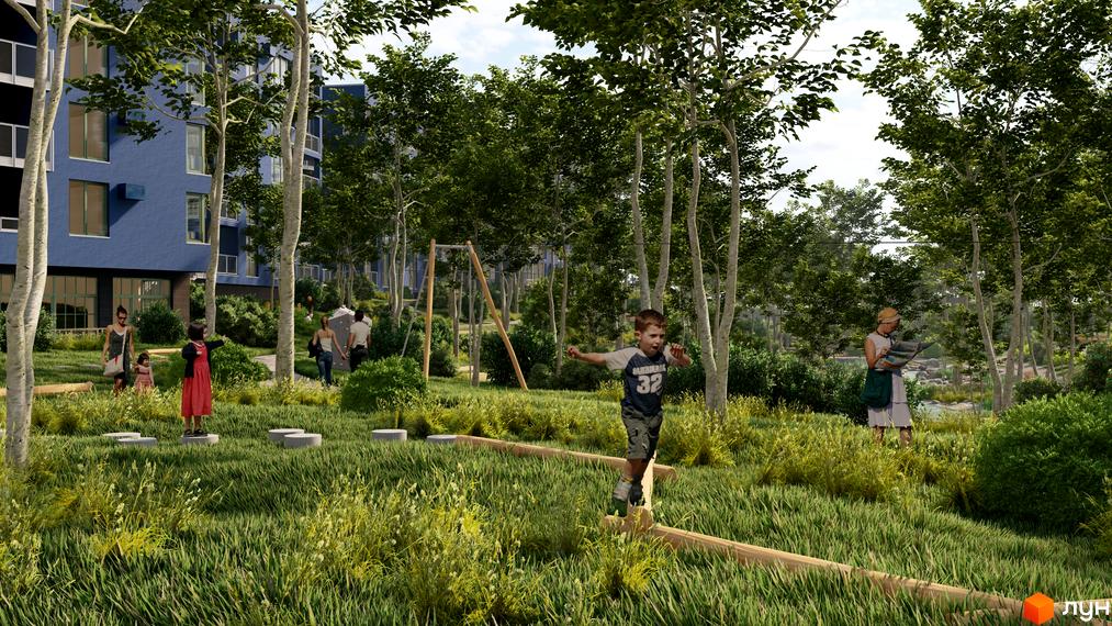 Житловий комплекс ПІД ЗОРЯМИ: діти граються на дитячому майданчику біля синьої новобудови, оточеної деревами та зеленню.
