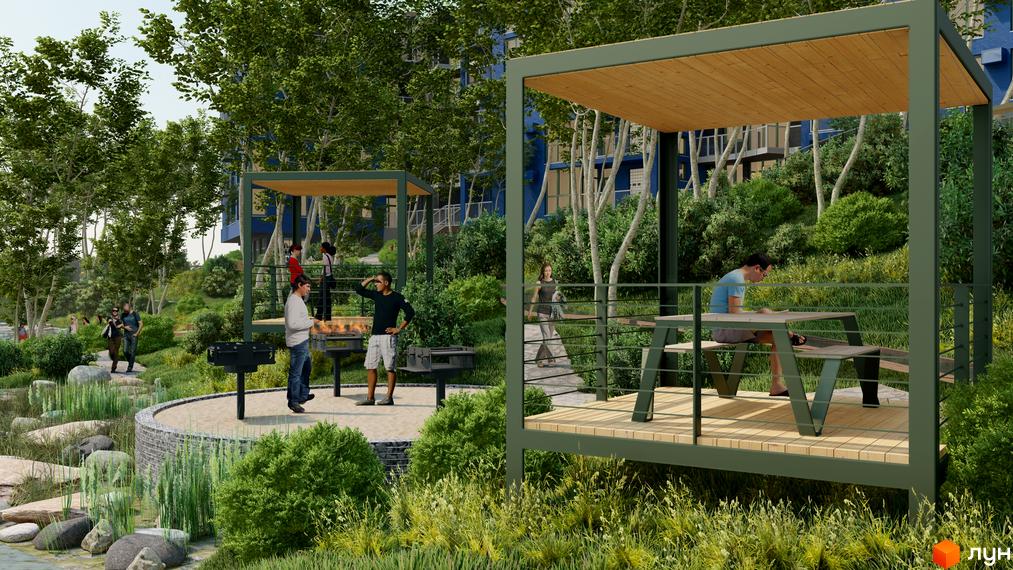 Житловий комплекс ПІД ЗОРЯМИ пропонує зону для барбекю біля води з альтанками та місцями для відпочинку. На території комплексу є зелені зони та зони для відпочинку.