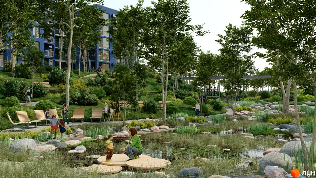 Житловий комплекс ПІД ЗОРЯМИ. Зелена прибудинкова територія з ландшафтним дизайном, водоймою та зонами відпочинку.