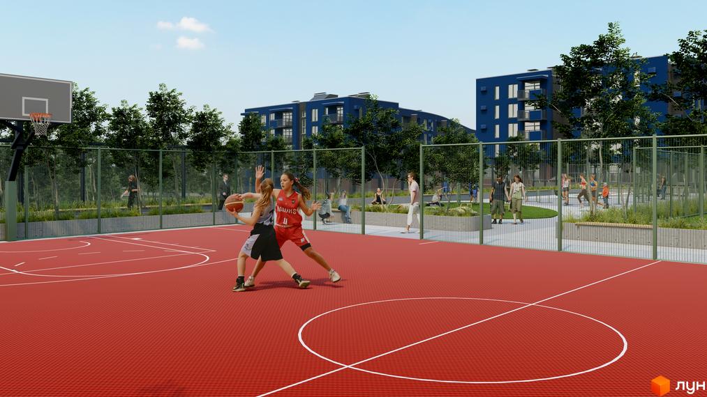 Житловий комплекс ПІД ЗОРЯМИ: сучасний баскетбольний майданчик та зони відпочинку біля синіх багатоповерхових будинків.