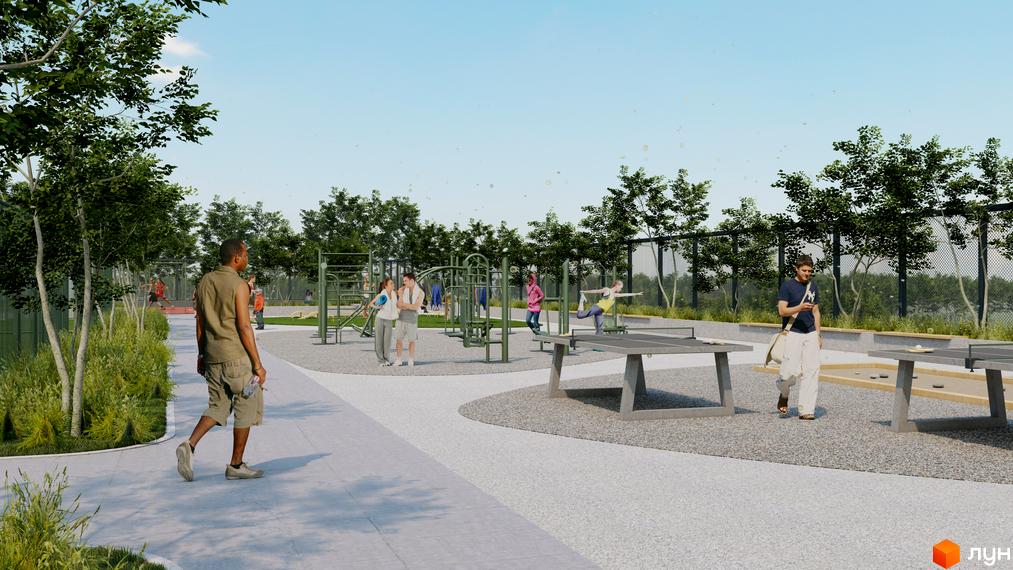 Житловий комплекс ПІД ЗОРЯМИ пропонує сучасний простір для відпочинку та спорту з тренажерами, столами для настільного тенісу та зонами для йоги.