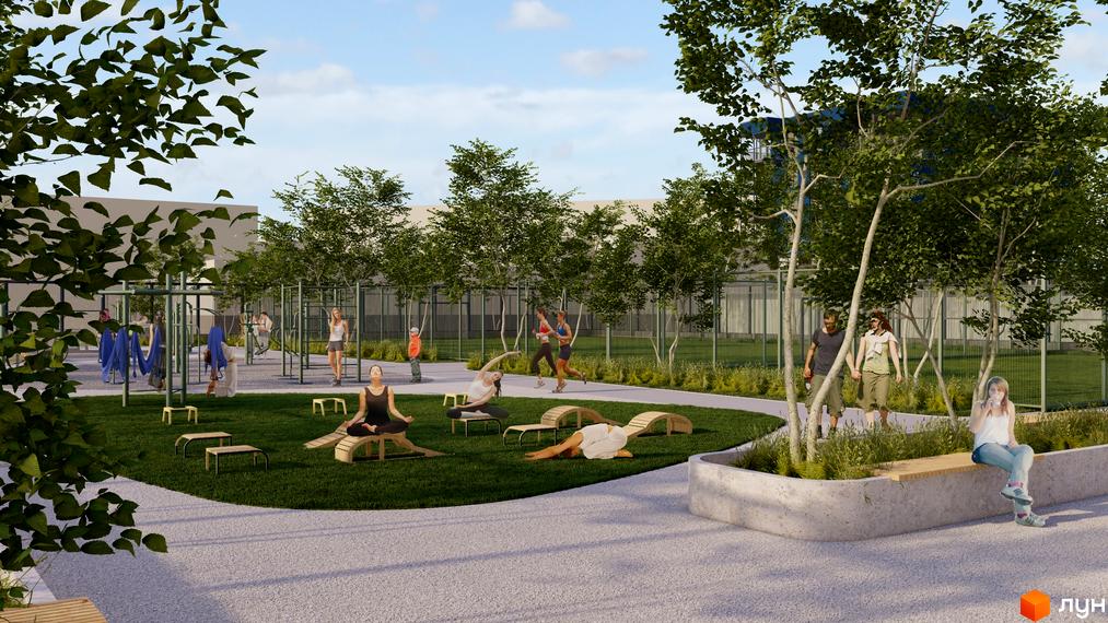 Житловий комплекс ПІД ЗОРЯМИ: зона для занять спортом на відкритому повітрі з тренажерами та місцями для йоги. Навколо зелена територія та дерева.