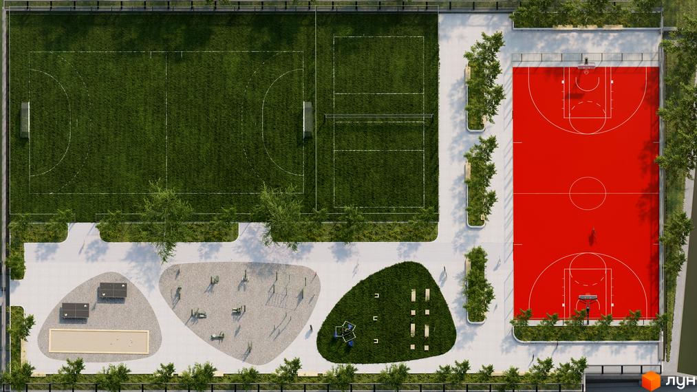 Житловий комплекс ПІД ЗОРЯМИ. На зображенні вигляд зверху на спортивні майданчики: футбольне поле, баскетбольний майданчик, зона для відпочинку з лавками та столами.