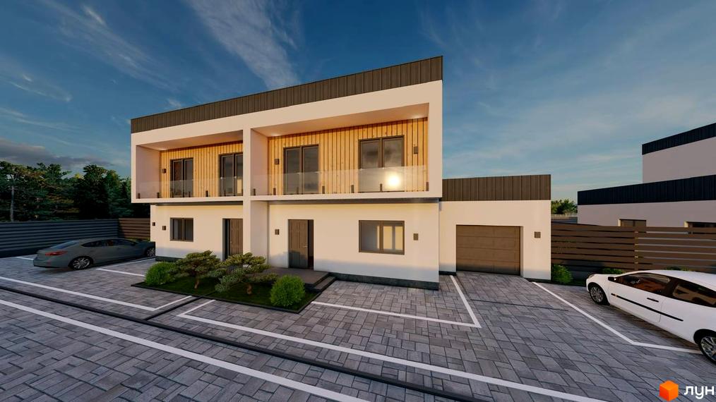 Двоповерховий будинок Twins House з балконами та гаражем, з паркуванням та невеликими кущами на прибудинковій території.