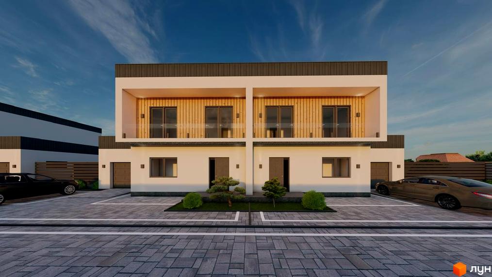 Зображення дуплексів Twins House з білими фасадами, дерев'яними балконами та темною покрівлею. На передньому плані - бруківка, зелені насадження та парковка для автомобілів.